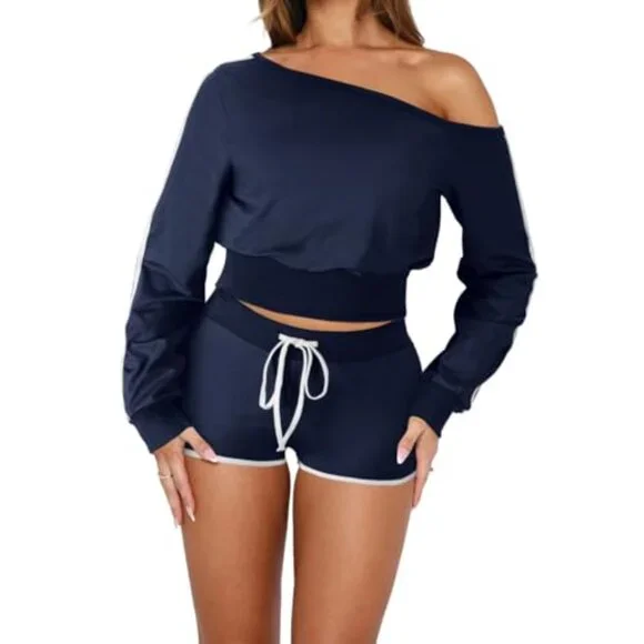 Off Shoulder Lounge Set Long Sleeve Top Shorts Two Piece Tracksuit Chic